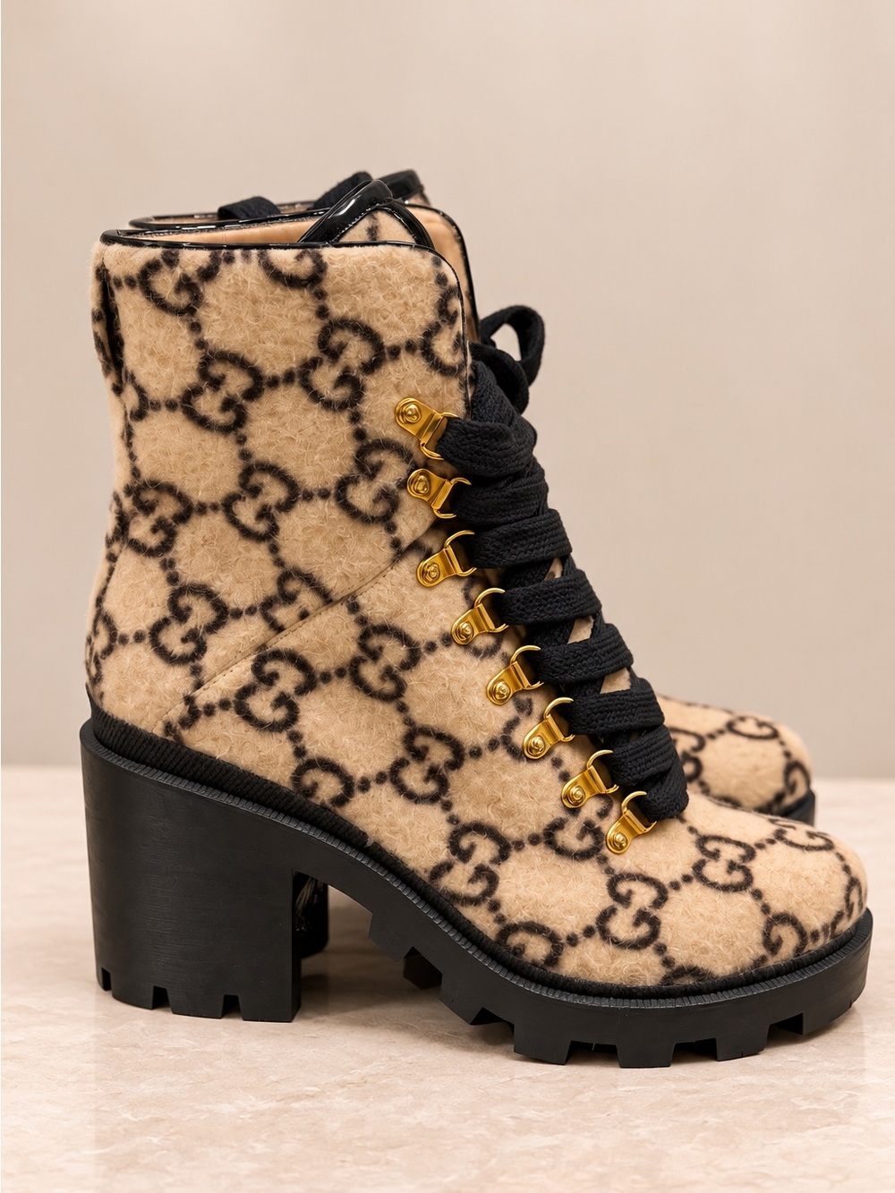 Gucci Beige & Black Logo-Pattern Lace-Up Ankle Boots